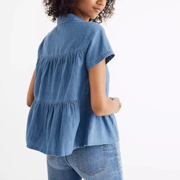 Madewell Denim Tiered Babydoll Short Sleeve Button-up Top Size XXS - Picture 8 of 9